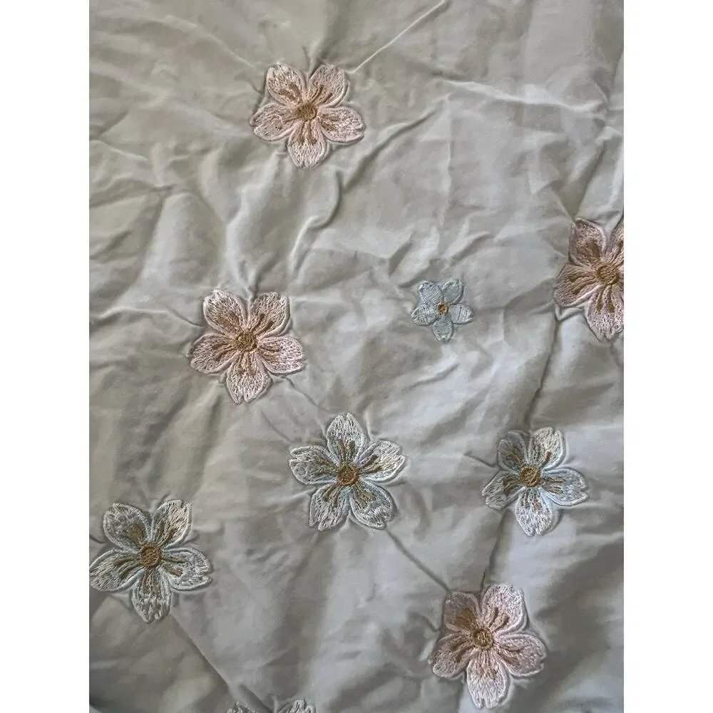 Vintage Floral Embroidered Flowers Butterfly Cotton Full Duvet Cover Scallop Edg
